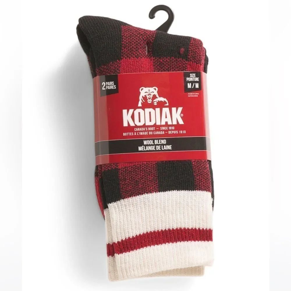 KODIAK Thermal Black White Red M US W 4-10 Buffalo Plaid Wool Boot Socks 2 Pack